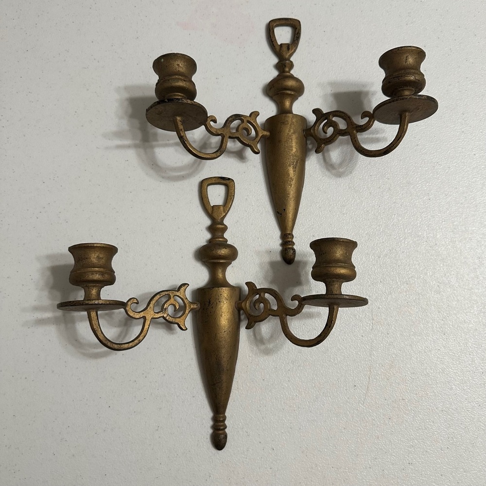 VTG Wilton Cast Iron Double Arm Candle Wall Sconce Pair Gold Scrollwork Gothic